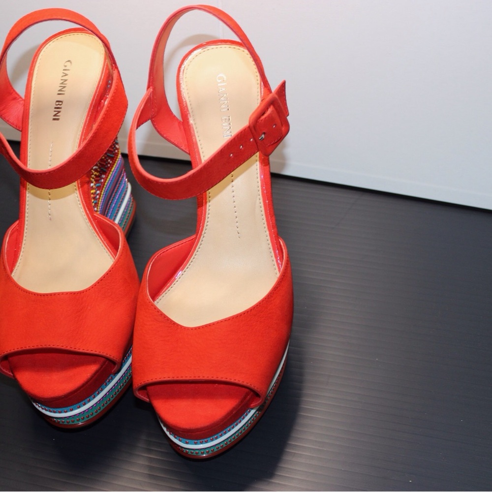 Red With Multi Color Platform Heel Sandals - image 1